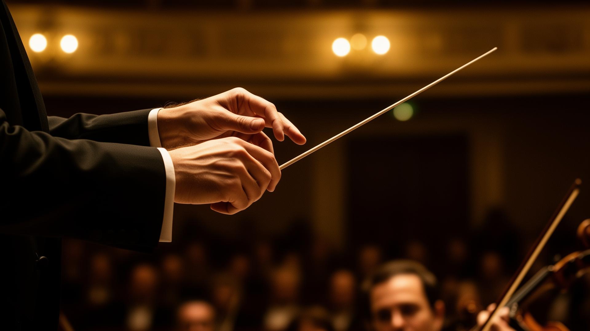 Mani di direttore d'orchestra con bacchetta elegante